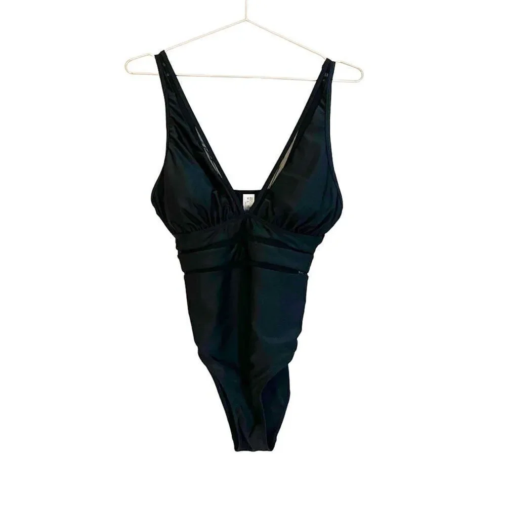 NWT Tempt Me Black Plunge V neck Mesh Detail One Piece Swimsuit Size Medium